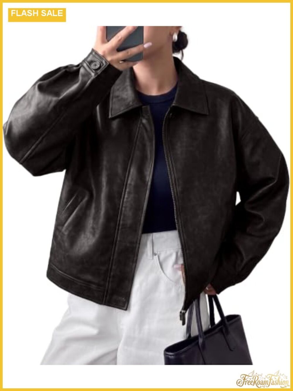 Faux Leather Oversized Motorcycle Jacket Zip Up Collared Outerwear
